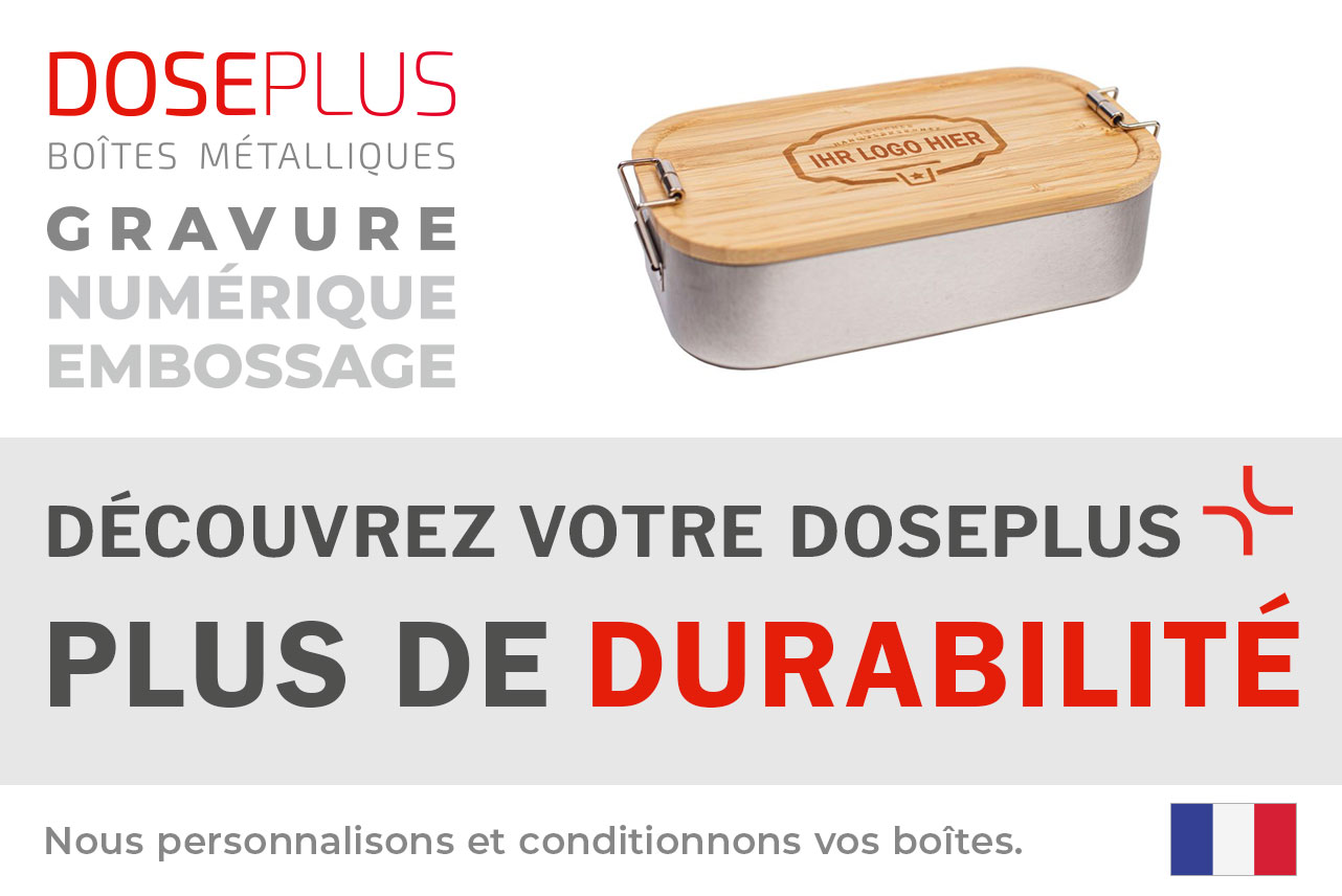 Boîte-repas Doseplus en acier inoxydable avec couvercle en bambou – texte du bandeau : Découvrez votre Doseplus, plus de durabilité. Emballages métalliques personnalisés et écologiques, gravés et imprimés.
