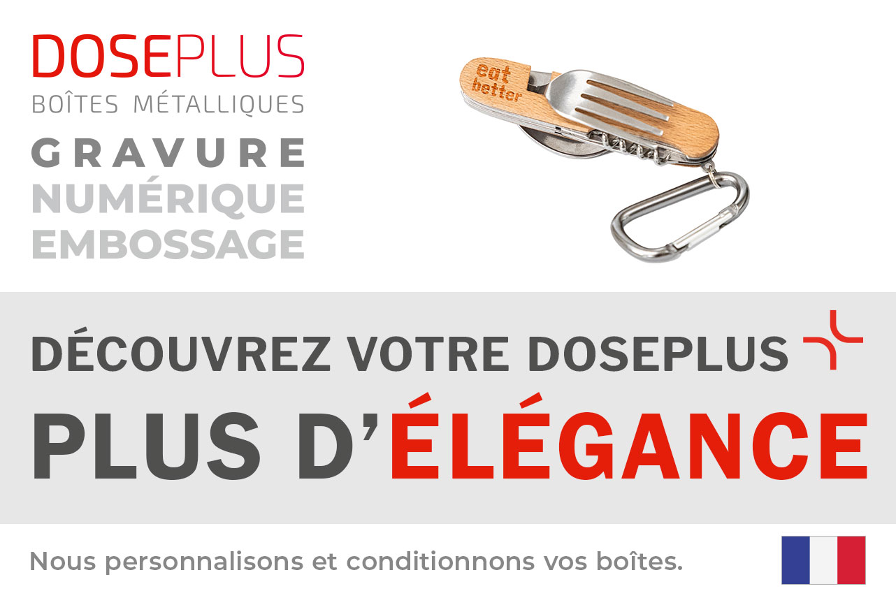 Couverts multifonctions outdoor en acier inox avec manche en bois de hêtre – bandeau Doseplus : « Découvrez votre Doseplus – Plus d'élégance ». Présentation des options de personnalisation : gravure, impression, embossage.