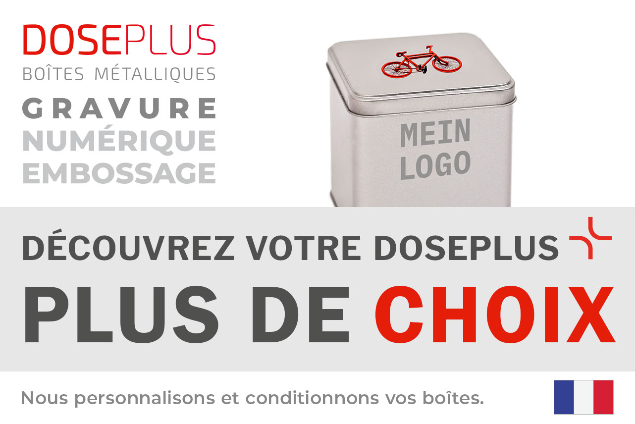 Boîte métallique argentée rectangulaire Doseplus avec motif de vélo rouge sur le couvercle et texte gris « Mein Logo » sur le devant. Texte : « Emballages métalliques – gaufrage, gravure laser, impression – Découvrez votre Doseplus, plus de choix ».